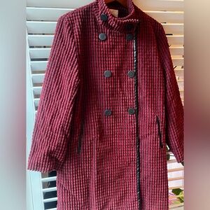 UGG Women's Textured waffle Wine Double-Breasted Pea Coat. Leather trim